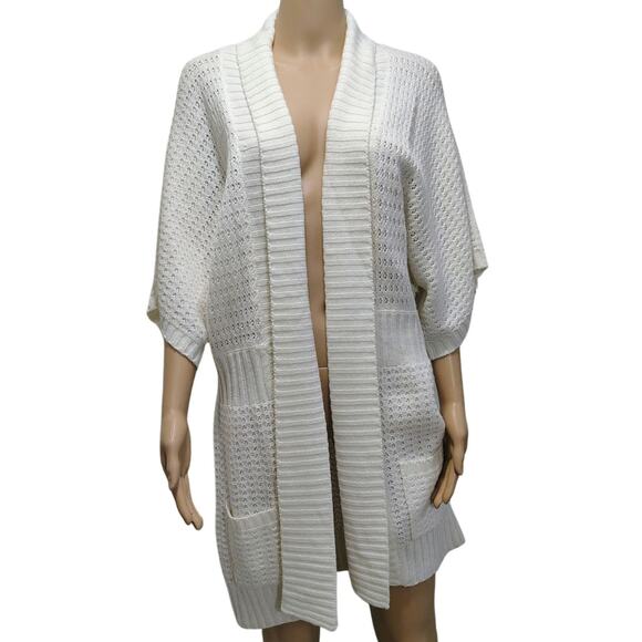 1990s Knit Wool Cardigan Cream Long Boho Open Front Short Sleeve Sweater Size L - Picture 1 of 10